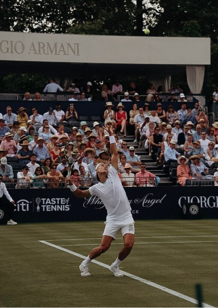 Tennis player taking serve on court