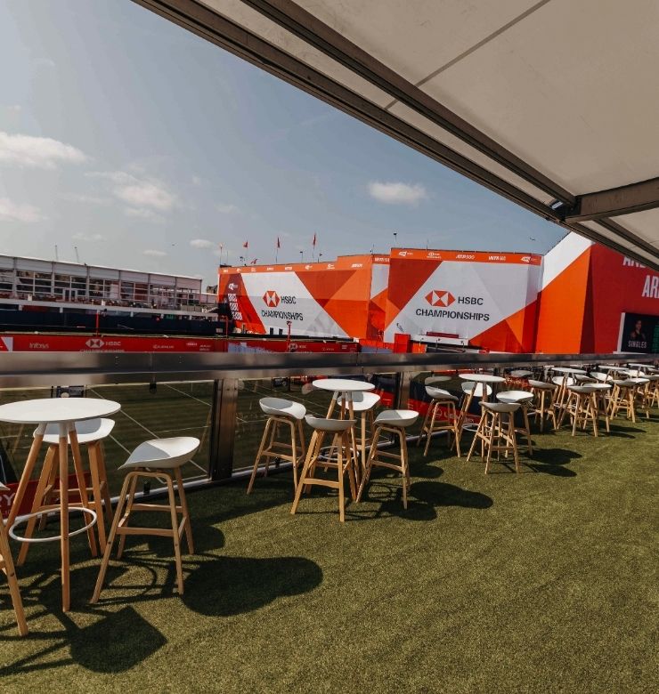 Terrace overlooking practice courts