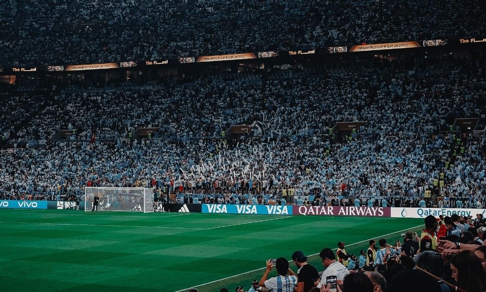 FIFA World Cup crowd at the side of a football pitch